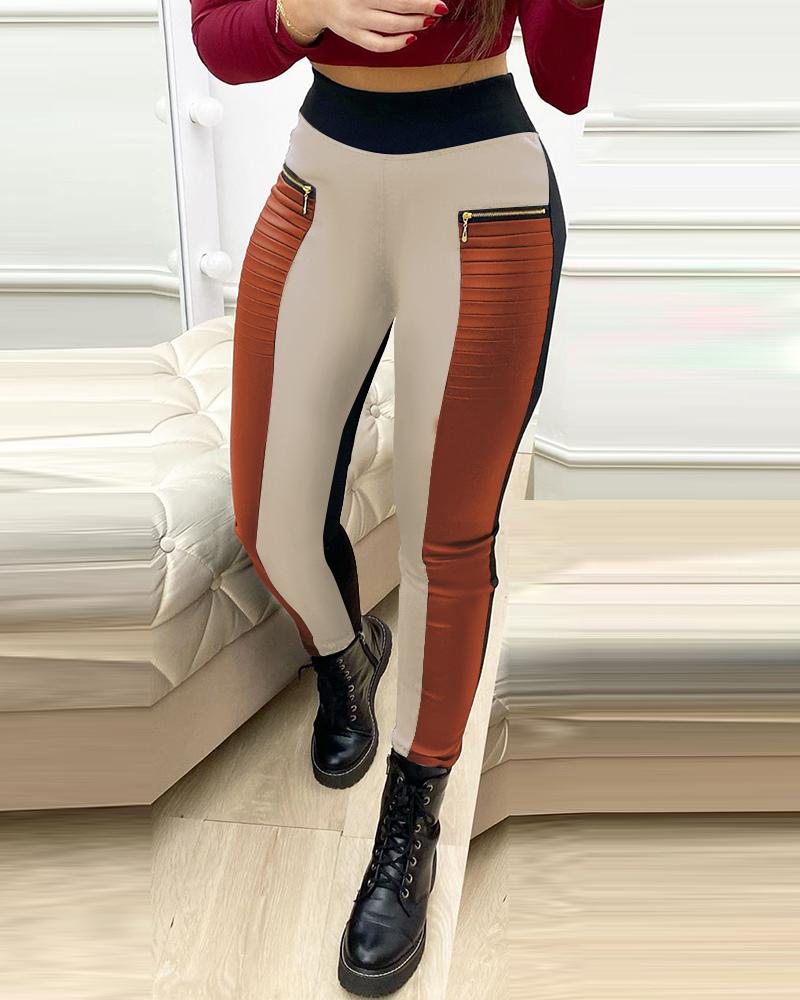 

Colorblock Zipper Design High Waist Skinny Pants, Multicolor