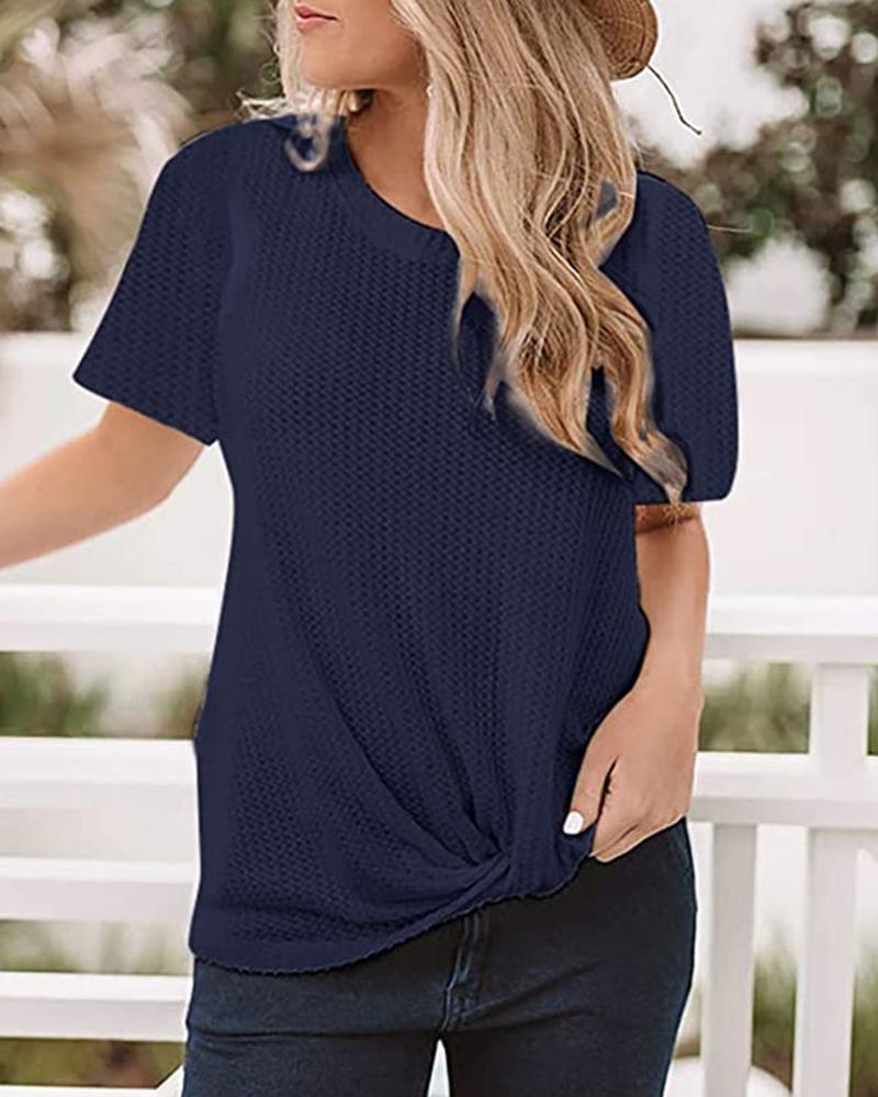 

Solid Round Neck Twisted Casual T-shirt, Dark blue