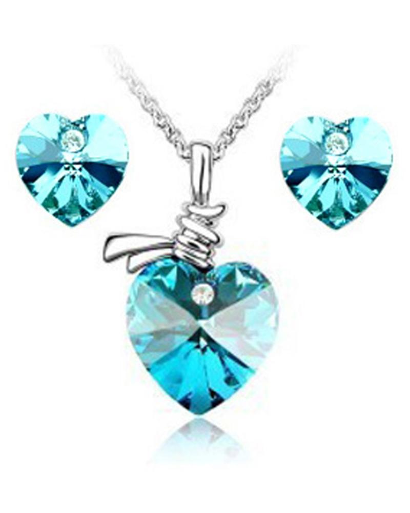 

3PCS Heart Shaped Pendant Necklace & Earrings Set, Blue