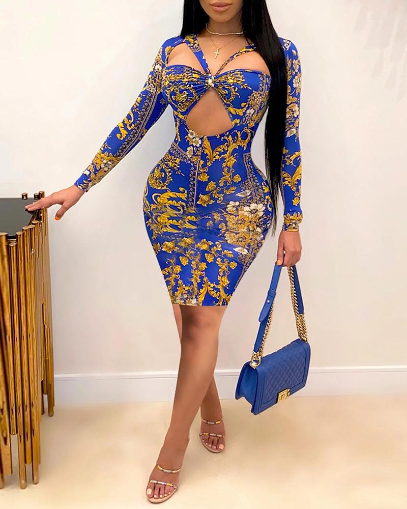 

All Over Print Cutout Bodycon Dress, Dark blue