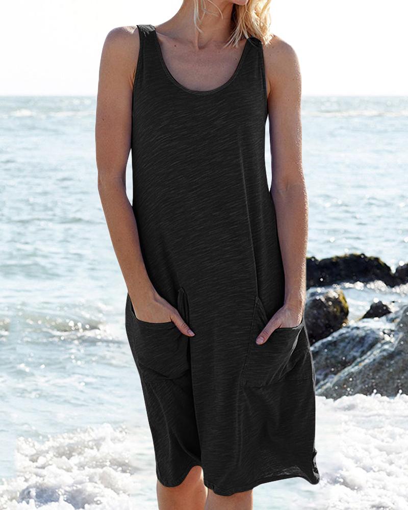 

Solid Pockets Sleeveless Casual Women Dress, Black