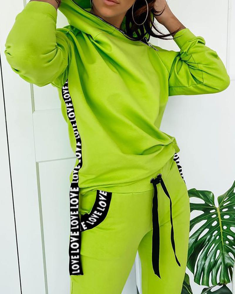 

Zipper Design Letter Print Hooded Top & Drawstring Pants Set, Green