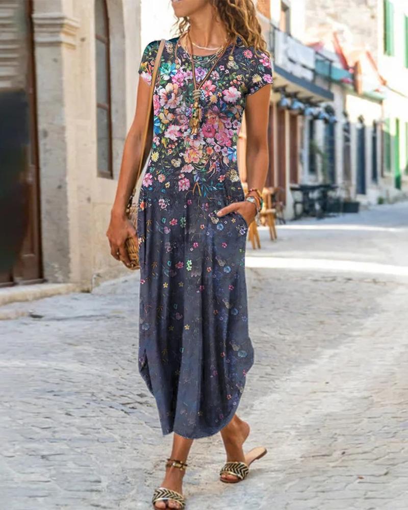 

Pocket Design Floral Print Short Sleeve T-shirt Dress, Gray