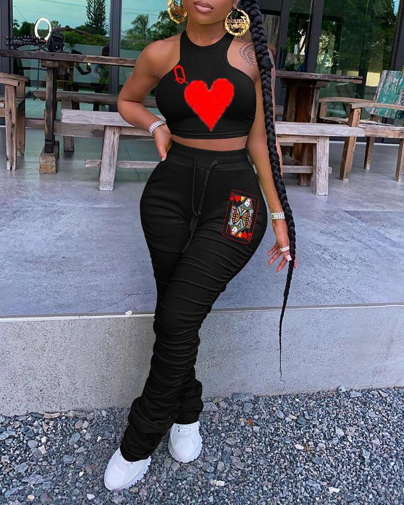 

Poker Print Halter Top & Drawstring Pants Set, Black