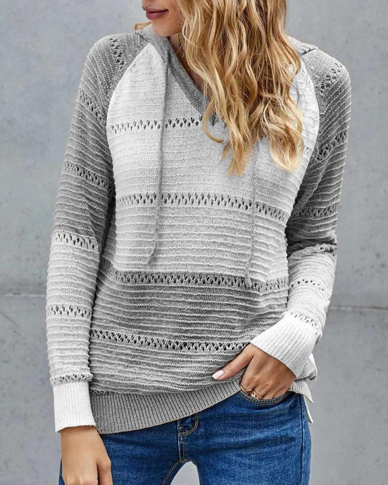 

Knit Colorblock Hollow Out Hooded Sweater, Gray