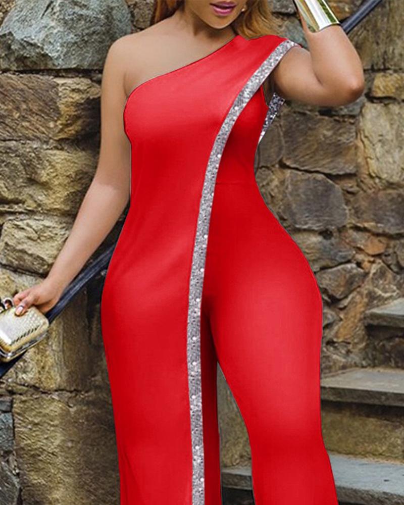 

One Shoulder Studded Plain Jumpsuit, Red