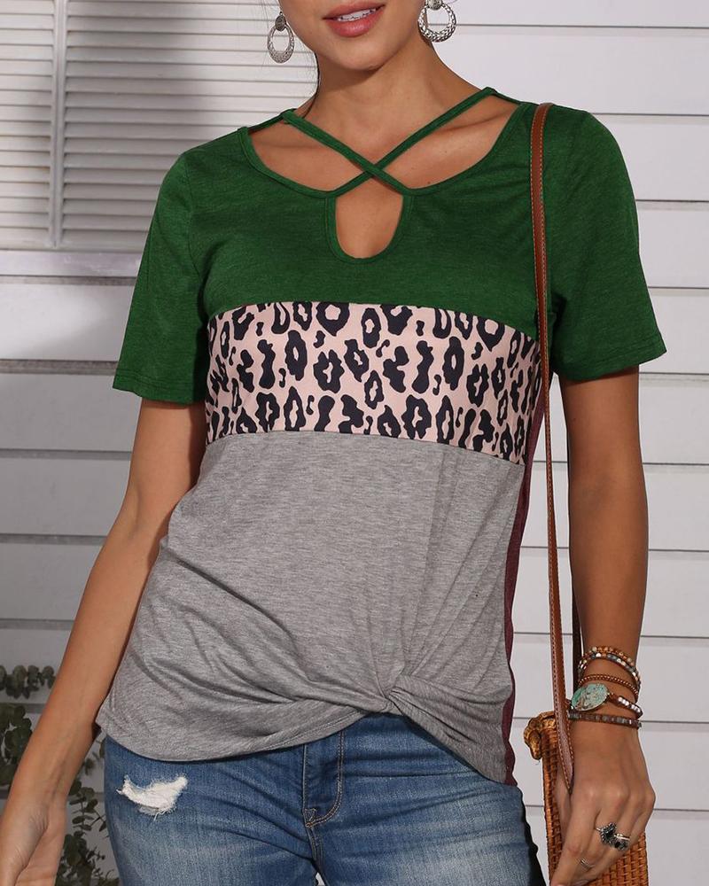 

Leopard Print Crisscross Casual T-shirt, Green