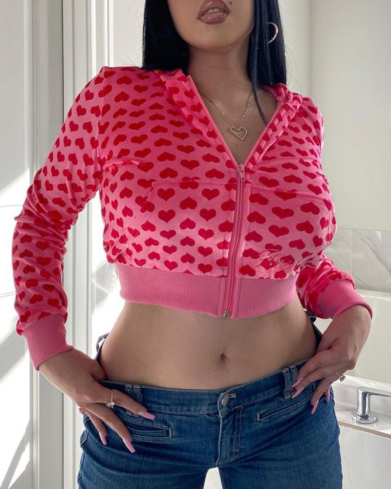 

Heart Print Zip Front Hooded Crop Top, Pink