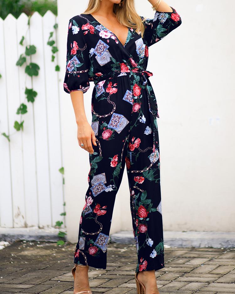 

Floral Print Slit Back Wrap Jumpsuit, Dark blue