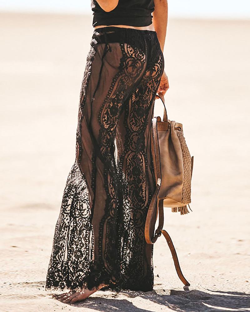 

Plain Tie Up Lace Mesh Long Pants, Black