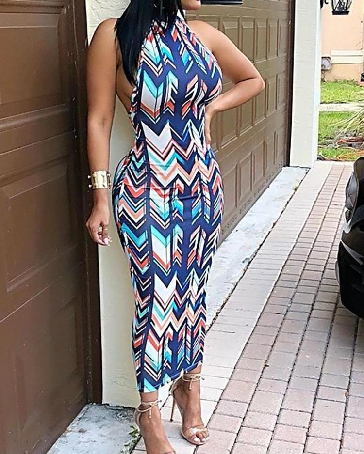 

Halter Geo Print Backless Bodycon Dress, Multicolor