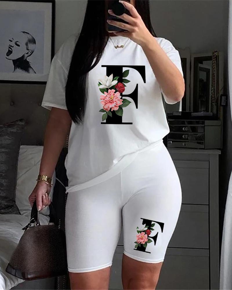 

Letter Floral Print Short Sleeve Top & Shorts Set, Style6