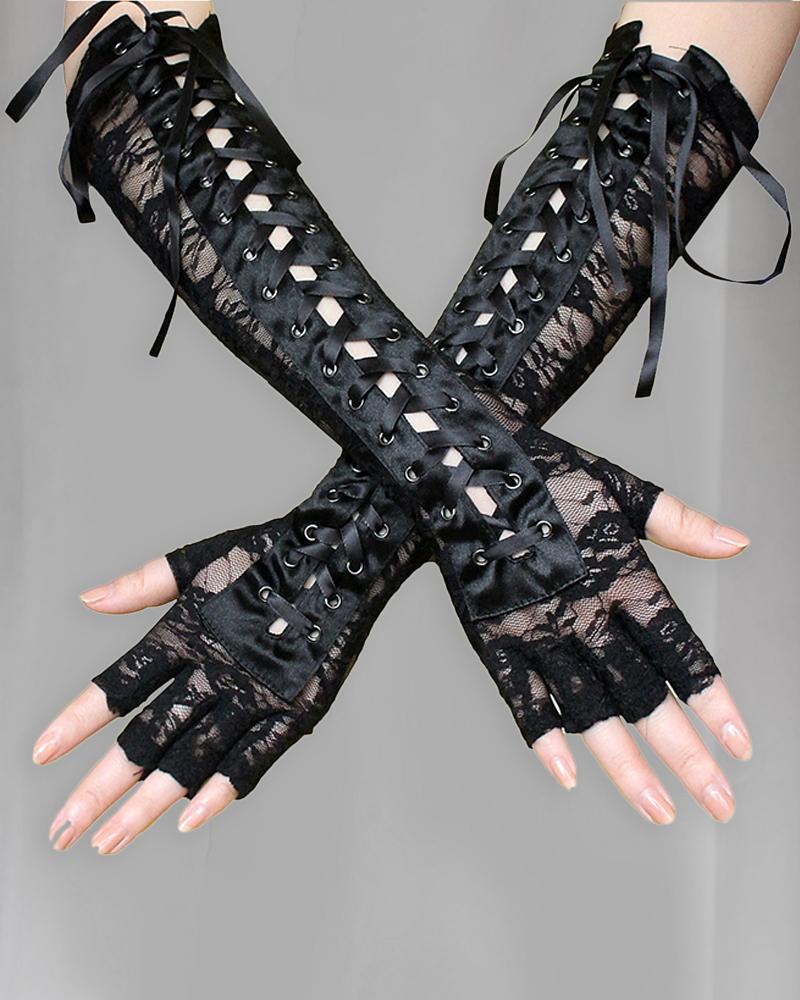 

Lace Long Eyelet Lace-up Fingerless Gloves, Black
