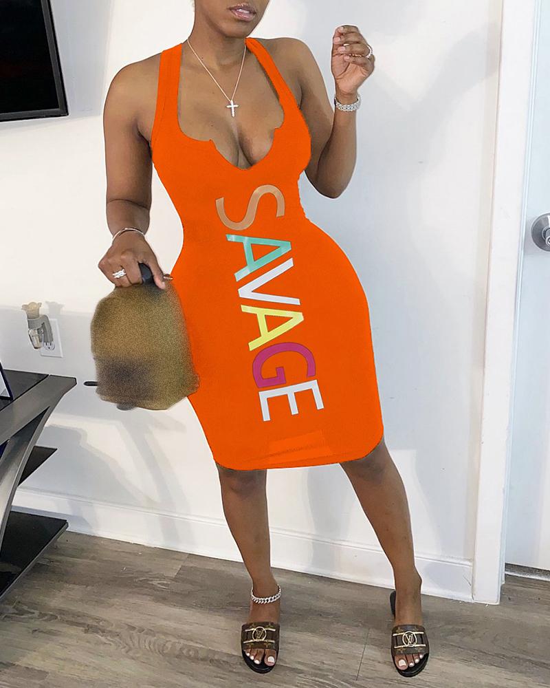 

Letter Print Plunge Thick Strap Midi Dress, Orange