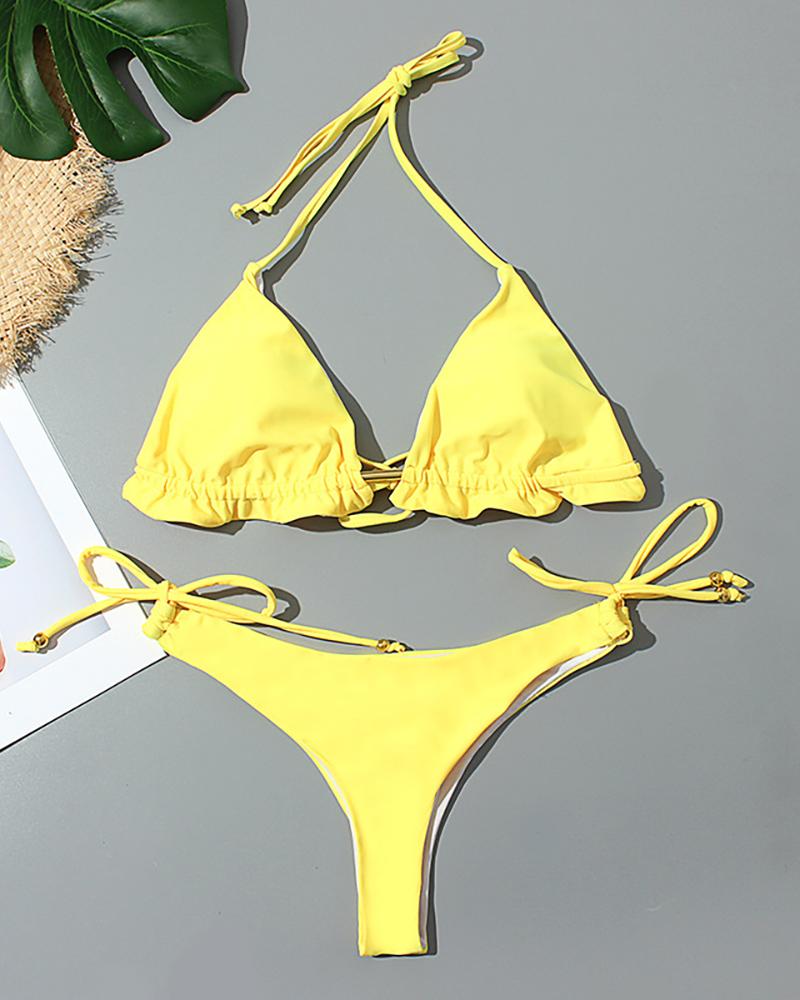 

Solid Spaghetti Strap Halter Bikini Set, Yellow