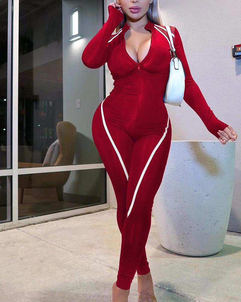 

Plus Size Colorblock Zipper Design Skinny Jumpsuit, Wine red