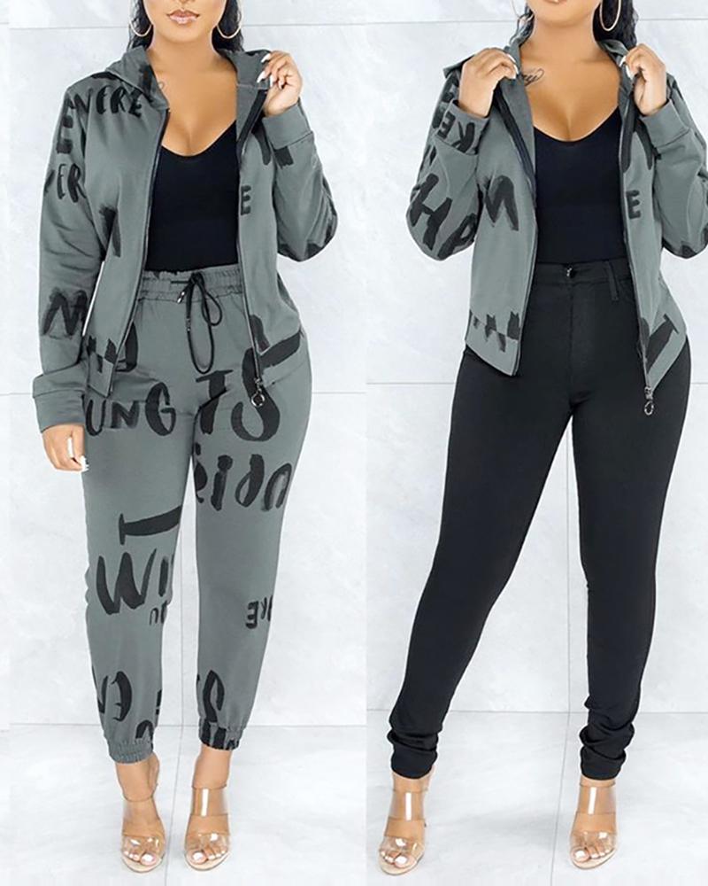 

Letter Print Zipper Design Top & Drawstring Pants Set, Gray