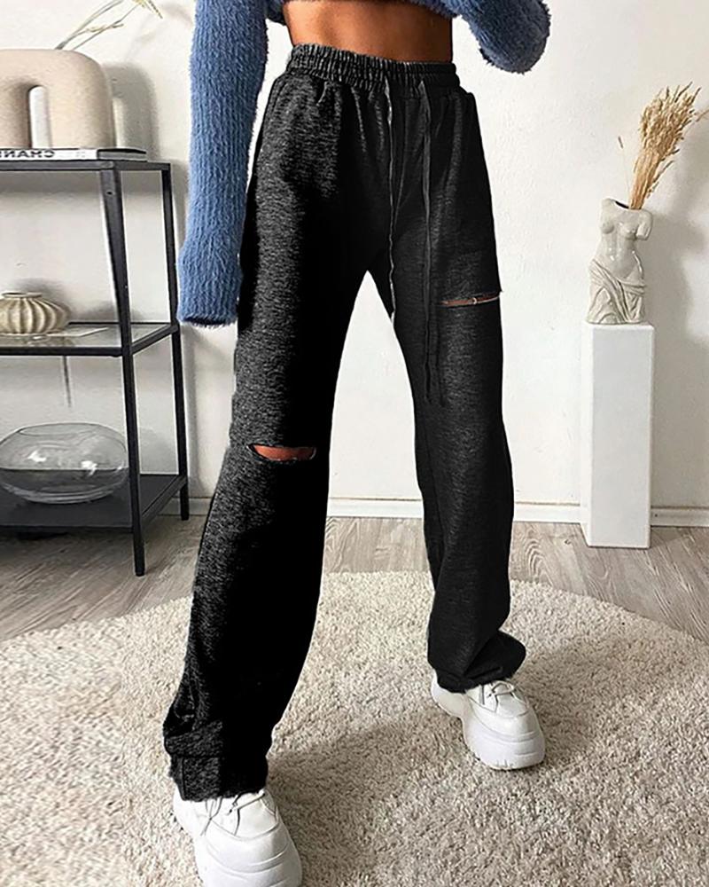 

Plain Cutout Drawstring Sweatpants, Black