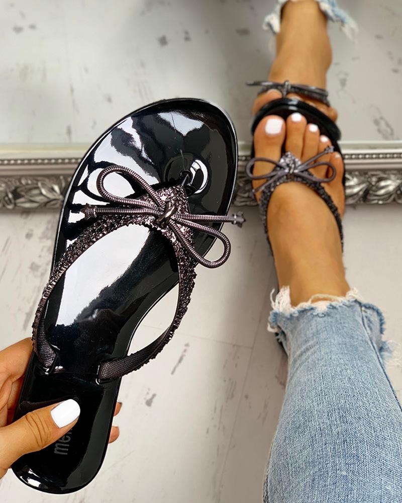 

Glitter Bowknot Design Toe Post Sandals, Black