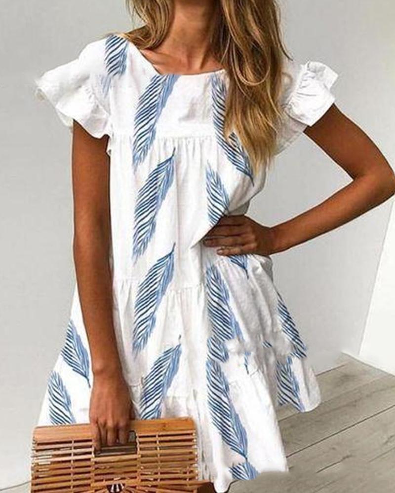 

Feather Print Ruffle Hem Short Sleeve Mini Dress, White