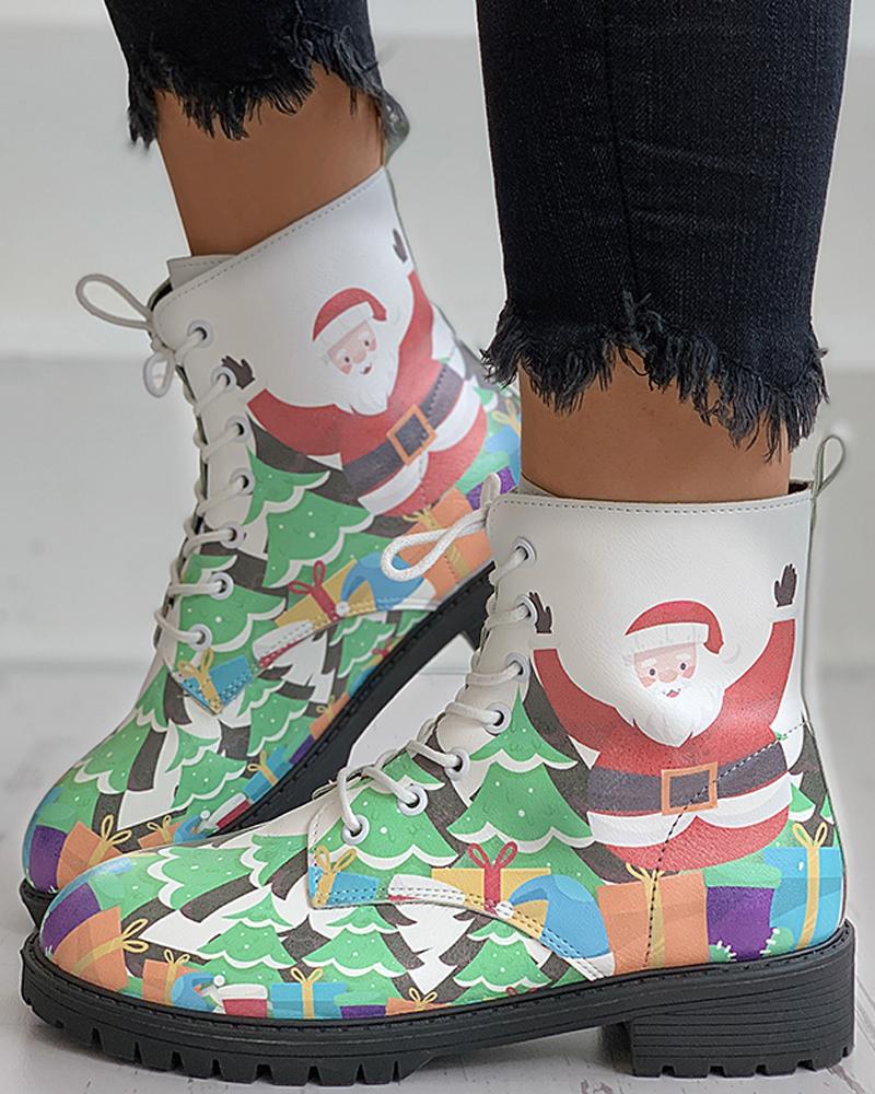 

Christmas Print Eyelet Lace-up Combat Boots, Multicolor