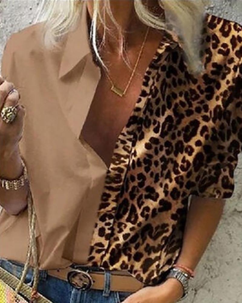 

Cheetah Print Button Design Long Sleeve Shirt, Khaki