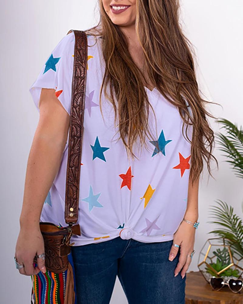 

V-neck Stars Print Casual T-shirt, Purple