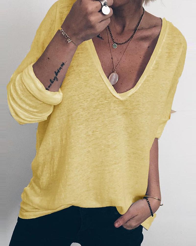 

Solid Brief V-neck Loose T-shirt, Yellow