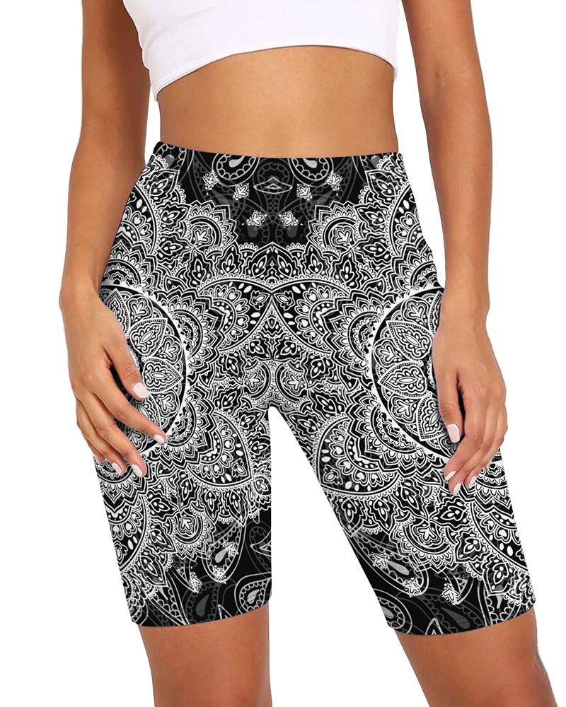 

High-Rise Paisley Print Fitted Biker Shorts, Black