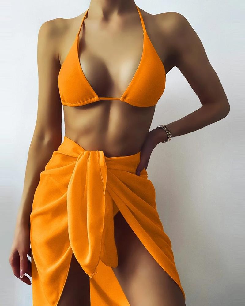 

3PCS Triangle Halter Bikini Set With Beach Skirt, Orange