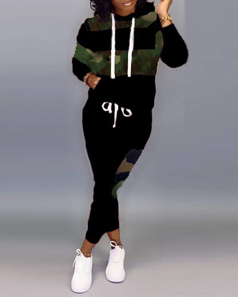 

Hooded Colorblock Leopard Drawstring Sweatshirt & Pants Sets, Army green