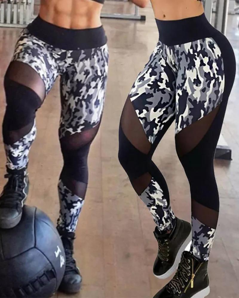 

Sheer Mesh Camouflage Print Butt Lifting High Rise Yoga Pants, Black