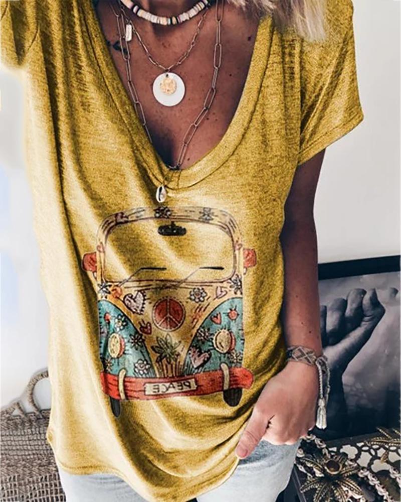 

Car Print V-neck Casual T-shirt, Yellow