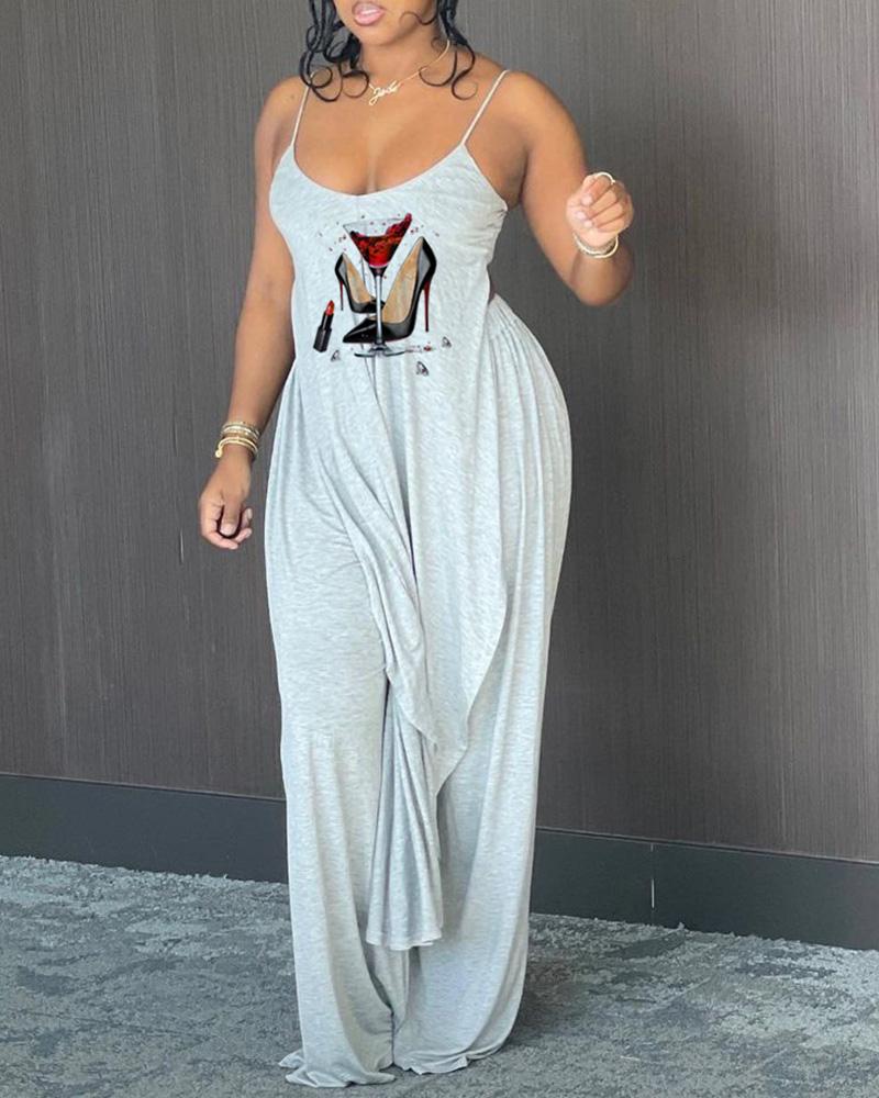 

Heels Grpahic Print Casual Top & Pants Set, Gray