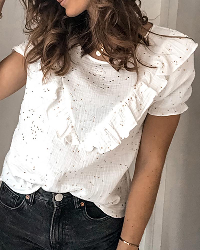 

Solid Ruffles Round Neck Casual T-shirt, White
