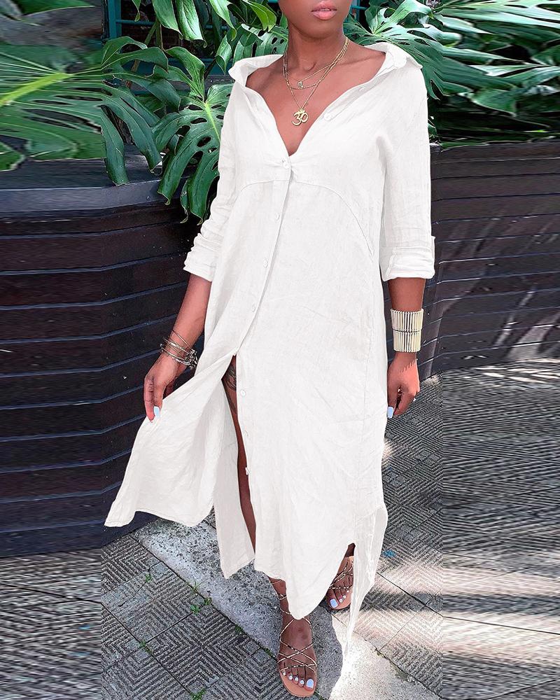 

Plain Button Design Shirt Dress, White