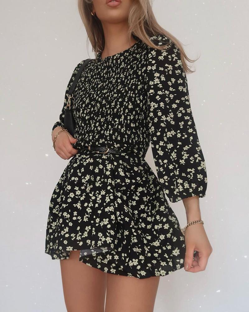 

Ditsy Floral Print Long Sleeve Dress With Belt, Black