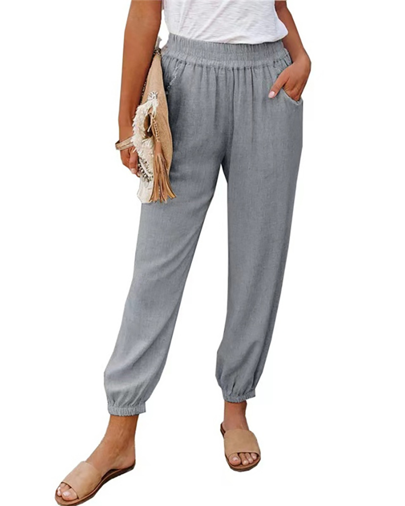 

Pocket Design High Waisted Cuffed Csual Pants, Gray