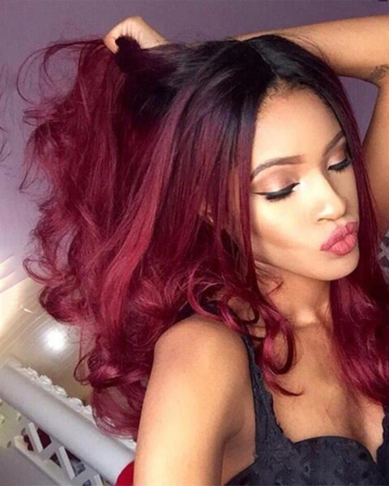 

Synthetic Wig Body Wave Asymmetrical Natural Ombre Long Curly Wig, Wine red