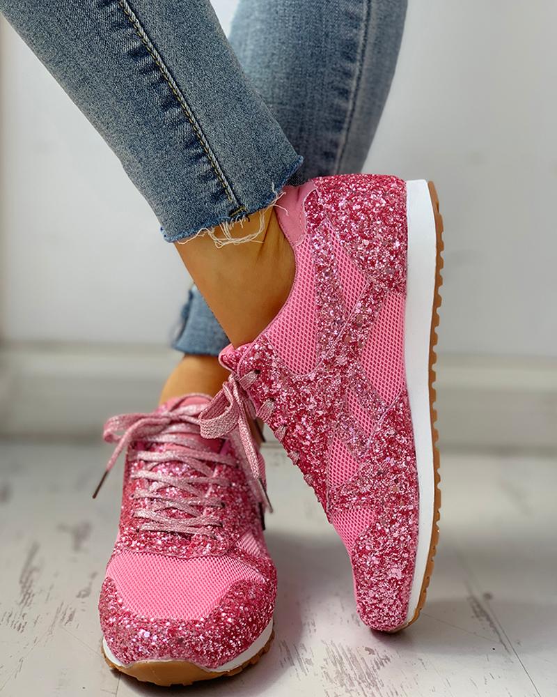 

Solid Sequins Lace-Up Sport Sneakers, Pink