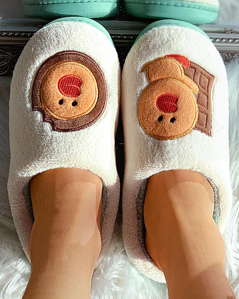 

Cartoon Pattern Close Toe Fluffy Slippers, White