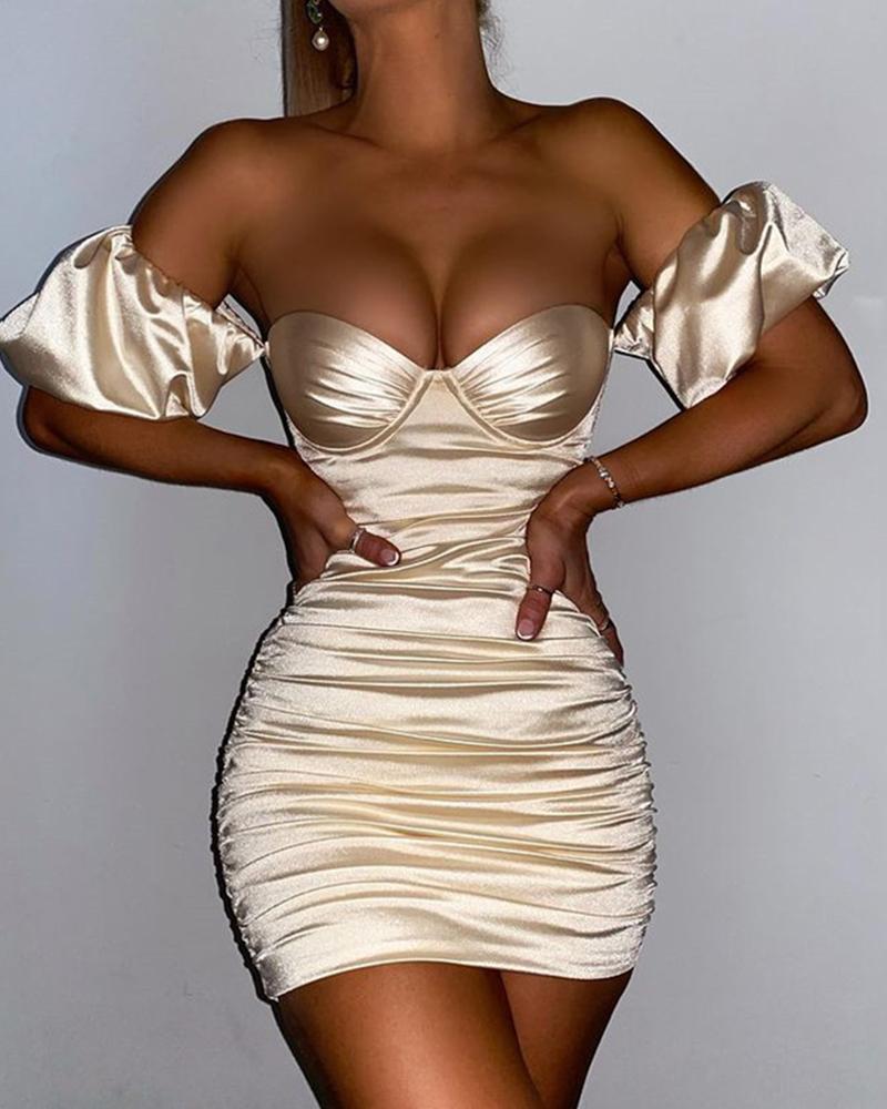 

Solid Color Satin Short Sleeve Ruched Skinny Mini Dress, Khaki
