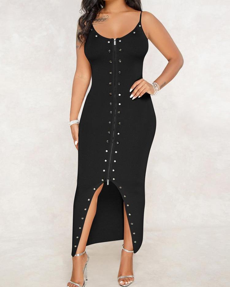 

Zipper Rivets Embellished Slit Bodycon Dress, Black