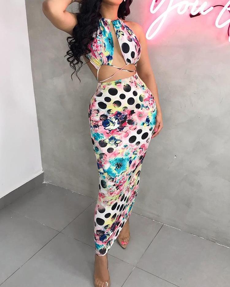 

Haltered Polka Dot & Floral Print Midi Dress, Multicolor