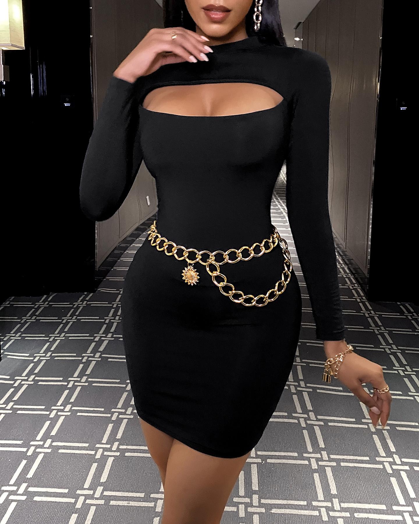 

Solid Cutout Front Long Sleeve Bodycon Dress, Black