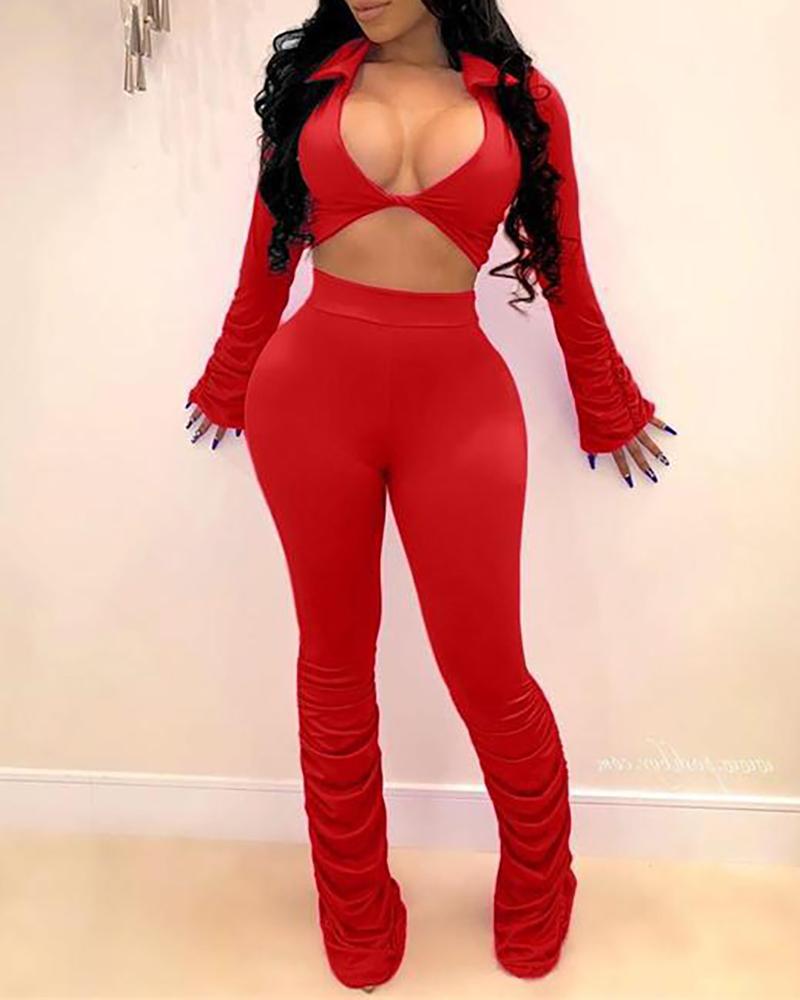 

Plunge Solid Crop Top & Ruched Pants Sets, Red