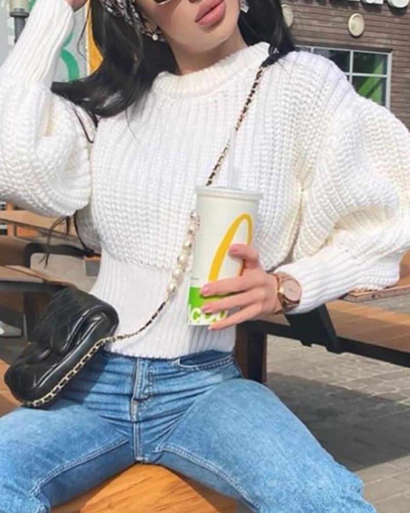 

Lantern Sleeve Knit Casual Sweater, White