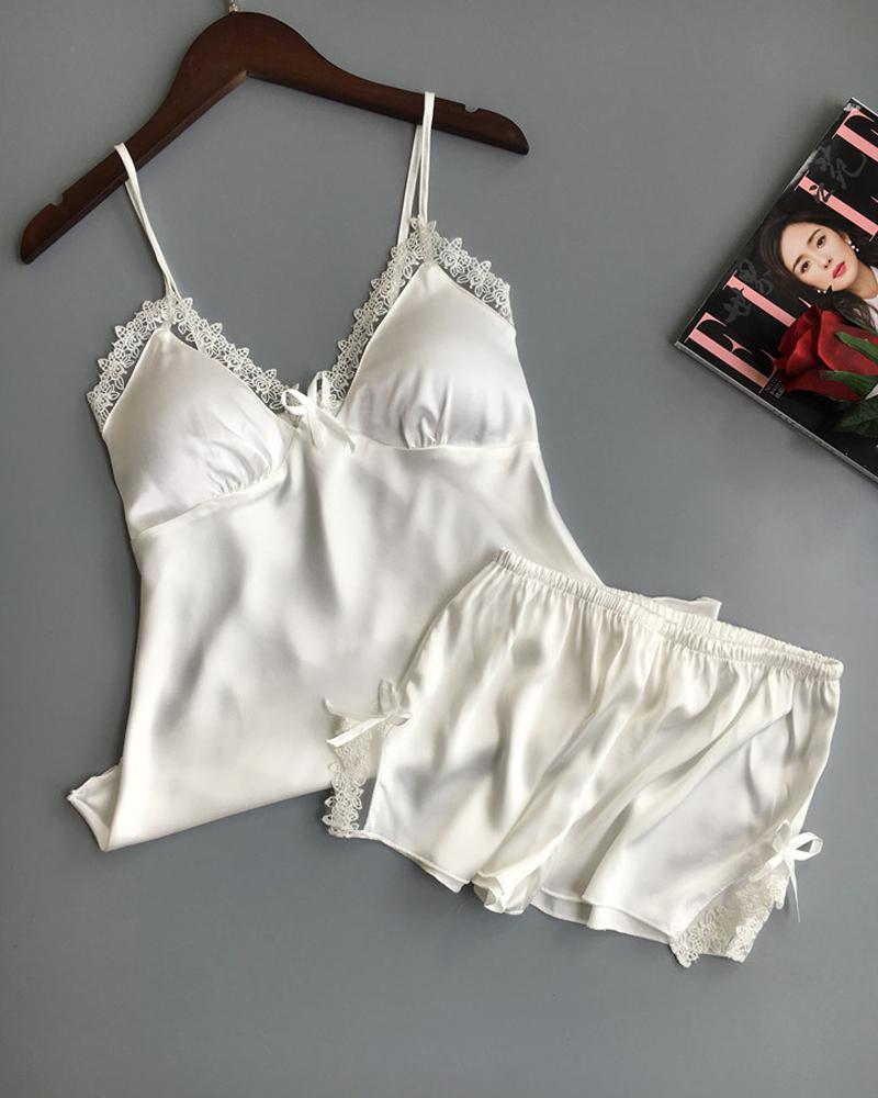 

Lace Trim Bowknot Decor Satin Padded Cami Set, White