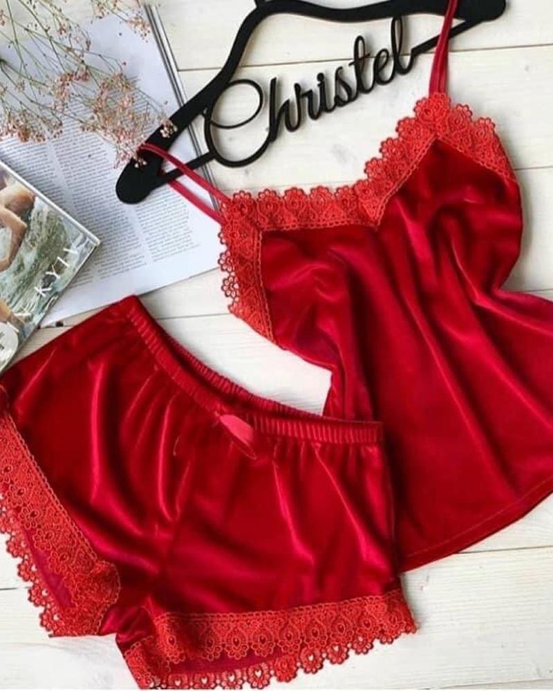 

Velvet Lace Trim Bowknot Design Cami Set, Red