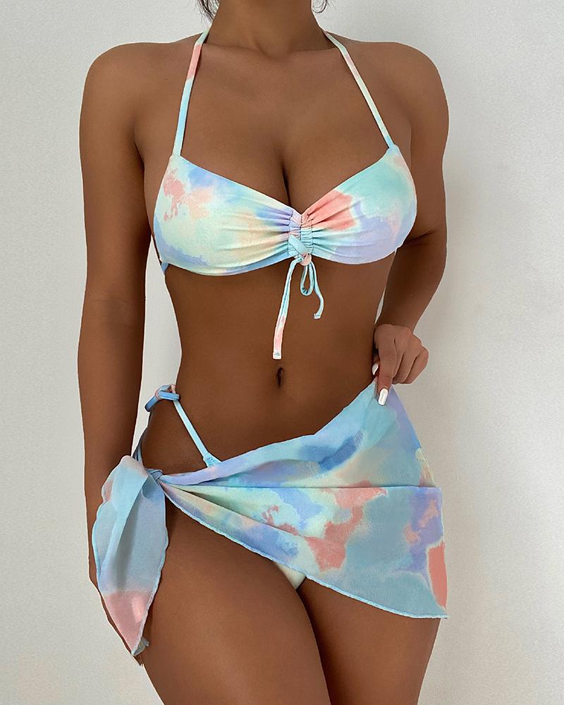 

Drawstsring Ruched Tie Dye Print Tied Detail Bikini Set, Lighted blue